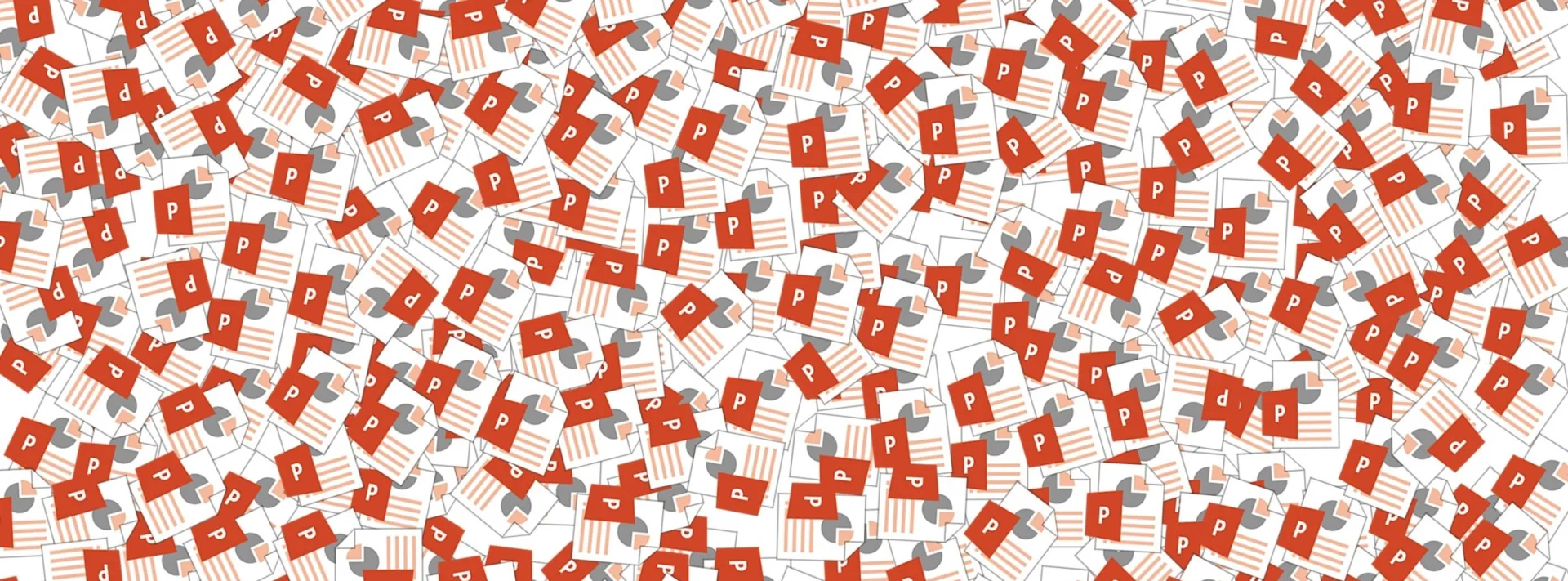 Numerose icone di file PowerPoint sovrapposte su sfondo bianco a rappresentare l’uso creativo del software
