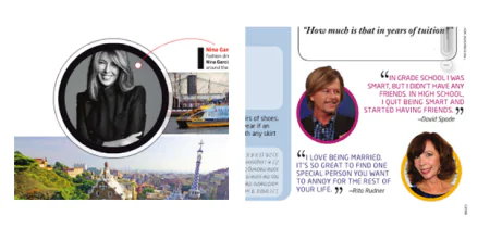 Esempi di layout con forme arrotondate, call out e foto in cerchi ispirati a riviste per design e-learning