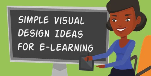 Donna stilizzata indica una lavagna con suggerimenti di visual design per e-learning, tema Rise 360