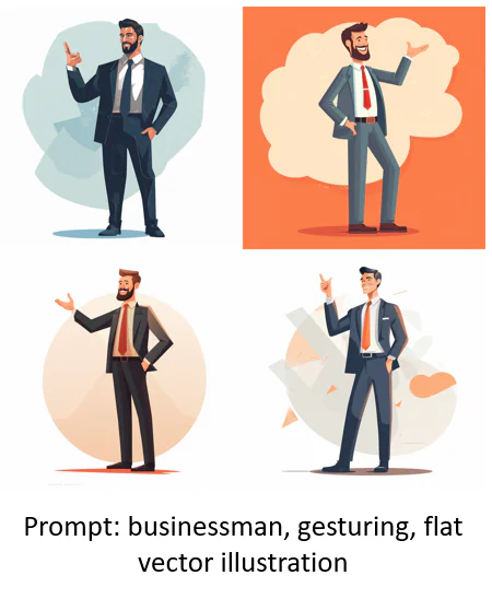 Quattro illustrazioni vettoriali di un uomo d’affari che gesticola, generate tramite prompt IA per corsi online