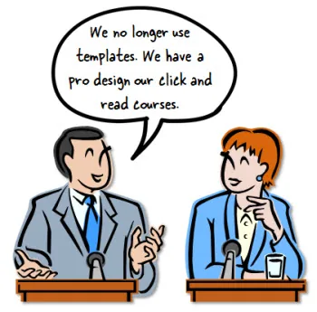 Due persone discutono al microfono su template e design professionale nei corsi eLearning