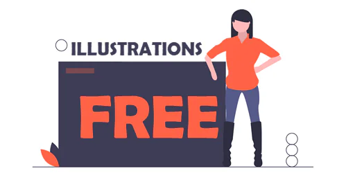 Donna stilizzata accanto a un cartello con la scritta Illustrations Free, simbolo di risorse gratuite per corsi eLearning