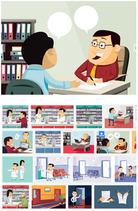 Serie di illustrazioni vettoriali con personaggi in ufficio e clinica per progetti PowerPoint ed e-learning
