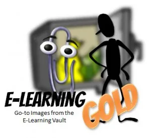 Due personaggi stilizzati, una graffetta animata e una figura nera, osservano uno schermo con la scritta e-learning gold
