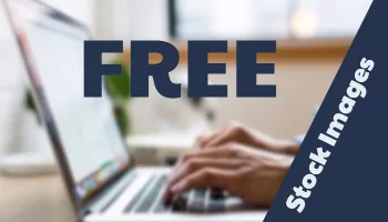 Mani che digitano su un laptop con la scritta free e stock images, tema risorse gratuite per e-learning