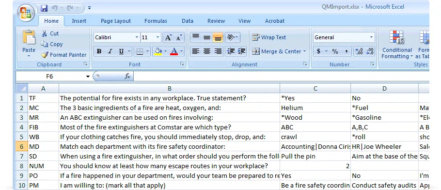 Foglio Excel con domande e risposte per importazione in Articulate Quizmaker per creare quiz e test interattivi