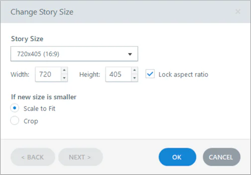 Finestra per modificare larghezza, altezza e proporzioni dello storyboard in un corso e-learning