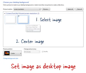 Finestra impostazioni sfondo desktop Windows con istruzioni per selezionare e centrare un’immagine di riferimento