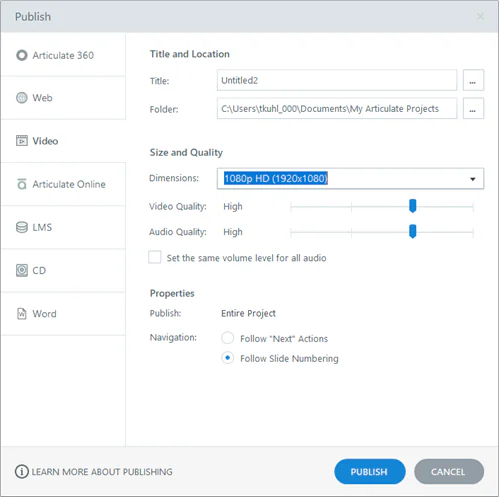 Finestra di pubblicazione video in Articulate Storyline con opzioni per qualità, risoluzione e percorso di salvataggio