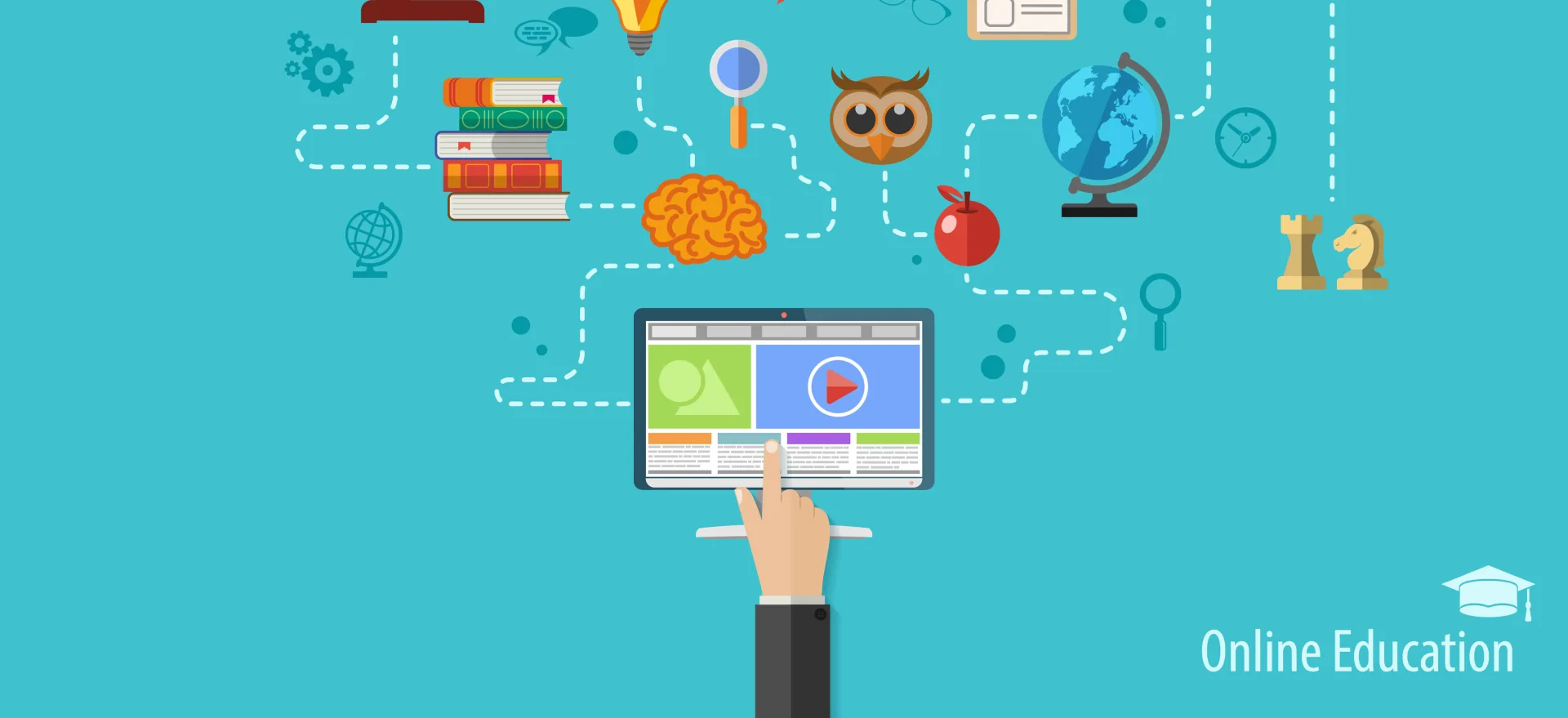 Mano che tocca un tablet da cui partono collegamenti verso icone educative come libri, cervello e globo