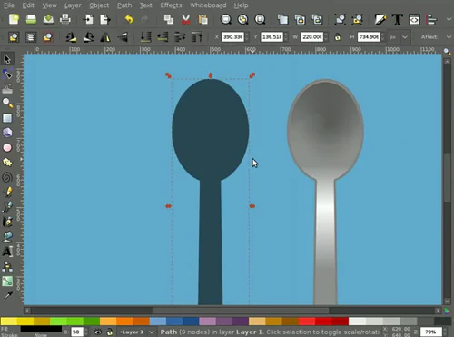 Interfaccia di Inkscape con due cucchiai vettoriali su sfondo blu per creare illustrazioni personalizzate nei corsi