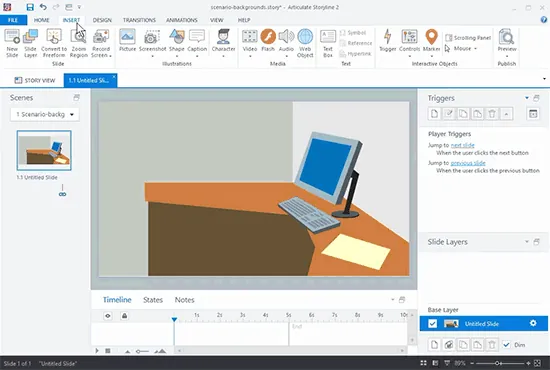 Interfaccia di Articulate Storyline con una slide di scenario e-learning e opzione per inserire un personaggio
