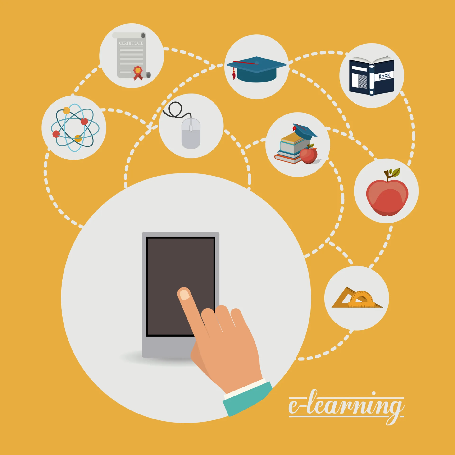 Mano che interagisce con tablet circondata da icone educative che rappresentano elementi dei corsi e-learning