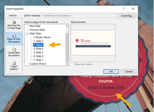 Finestra di inserimento collegamento ipertestuale in PowerPoint con selezione di una diapositiva e anteprima