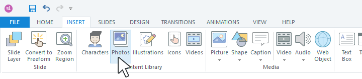 Barra degli strumenti di Articulate Storyline 360 con il cursore su Photos per inserire immagini dalla Content Library
