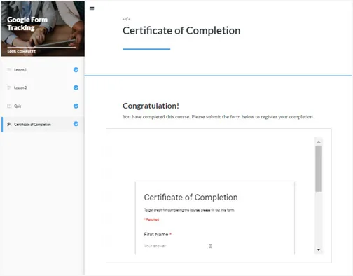 Modulo Google Forms integrato in una lezione Rise per tracciare il completamento di un corso eLearning