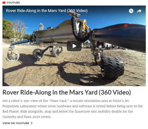 Video YouTube integrato in un corso Rise mostra un rover su un terreno marziano simulato per illustrare l’uso di video 360°