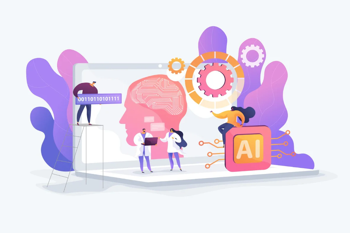 Persone e simboli digitali rappresentano l’uso dell’intelligenza artificiale per migliorare piattaforme e-learning