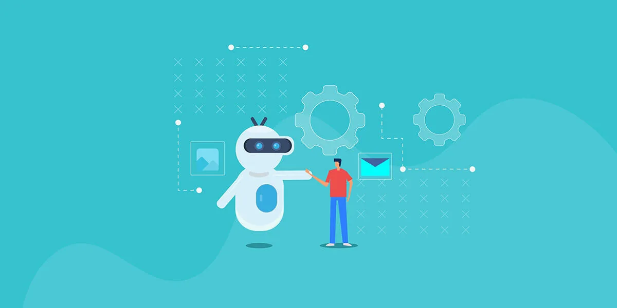 Robot stilizzato stringe la mano a una persona davanti a icone digitali, simbolo della collaborazione tra IA e formazione