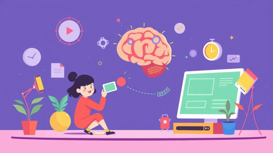 Ragazza con tablet interagisce con cervello stilizzato e computer, simboli di apprendimento digitale e AI