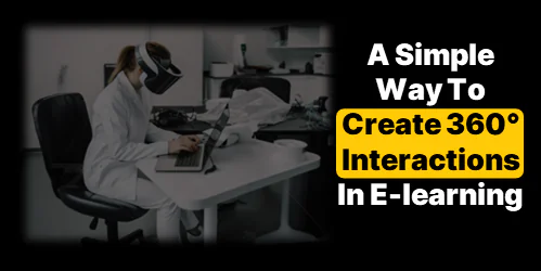 Persona con visore VR lavora al computer in un ambiente moderno, testo promuove interazioni 360° nell'e-learning
