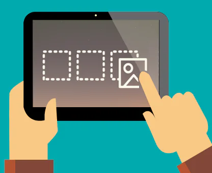 Mano che trascina un elemento su tablet verso un'area tratteggiata per simulare un'attività drag and drop