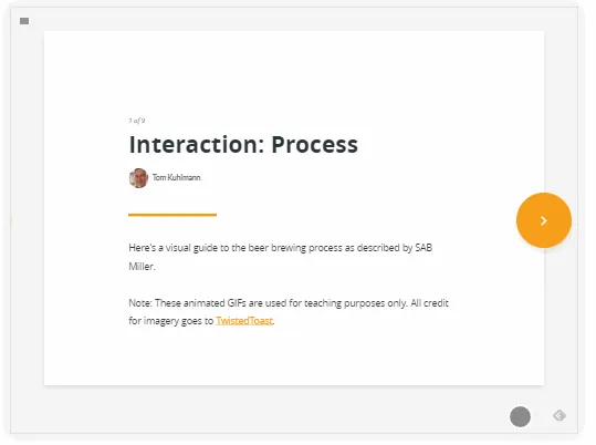 Schermata di un corso e-learning in Rise con una slide interattiva sul processo e pulsante di navigazione
