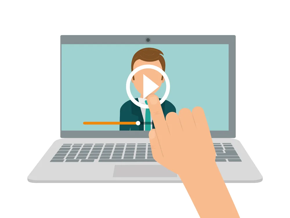 Mano che clicca su un video didattico su laptop per testare l’interattività di un software e-learning