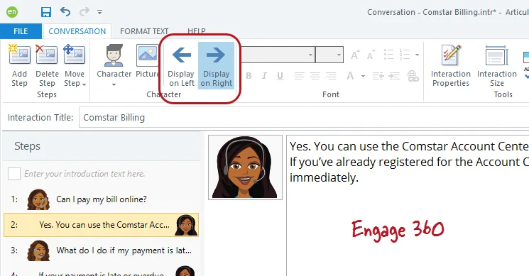 Interfaccia di Engage 360 con opzioni per posizionare i personaggi delle conversazioni a sinistra o a destra