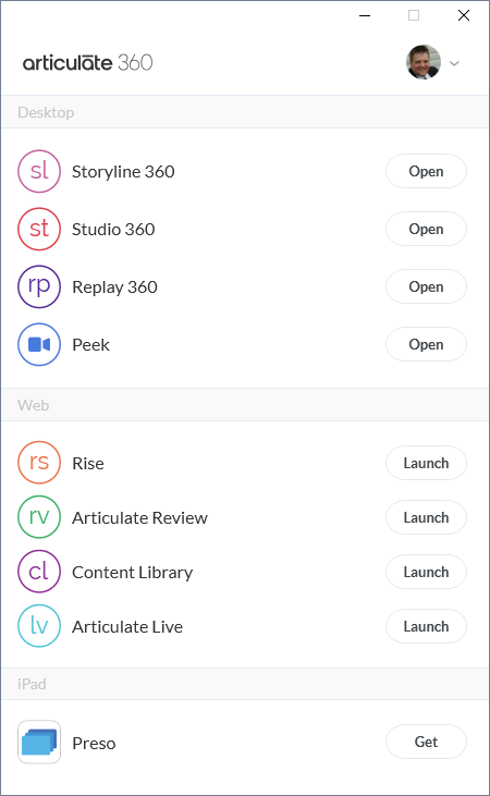 Schermata dell’interfaccia Articulate 360 che mostra l’accesso rapido ai principali strumenti e alla Content Library