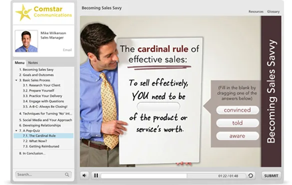 Interfaccia di un corso e-learning in Articulate Presenter ’12 con menu laterale, video e quiz interattivo