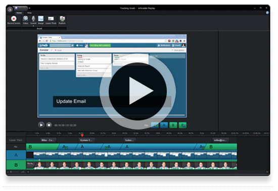 Interfaccia di Articulate Replay con timeline video e anteprima di screencast per la creazione di contenuti eLearning