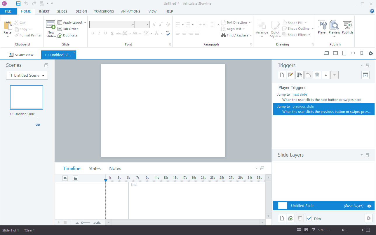 Interfaccia di Articulate Storyline 360 con un nuovo progetto vuoto e pannelli di editing visibili