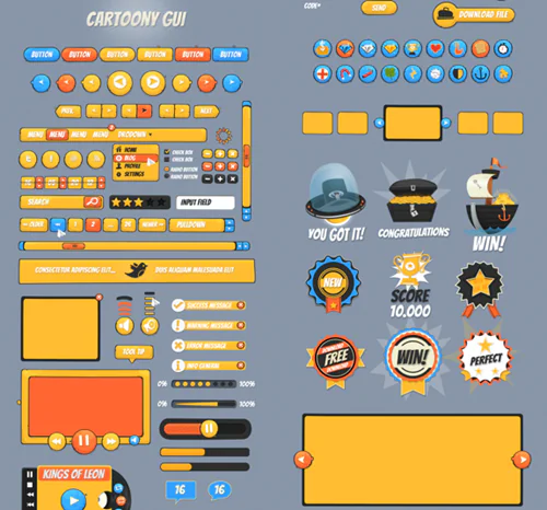 Elementi di interfaccia utente cartoon con pulsanti, badge e indicatori di progresso per gamification elearning