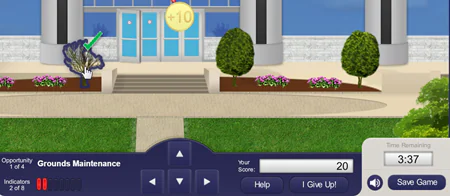 Interfaccia di un corso e-learning gamificato con indicatori di avanzamento, punteggio e timer visibili