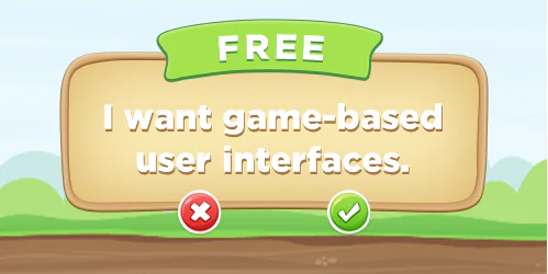 Interfaccia grafica ispirata ai giochi con pulsanti di conferma e rifiuto per corsi elearning gamificati