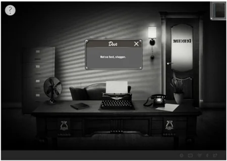 Ufficio in stile noir anni '40 con scrivania, macchina da scrivere e finestra, esempio di demo Articulate Storyline