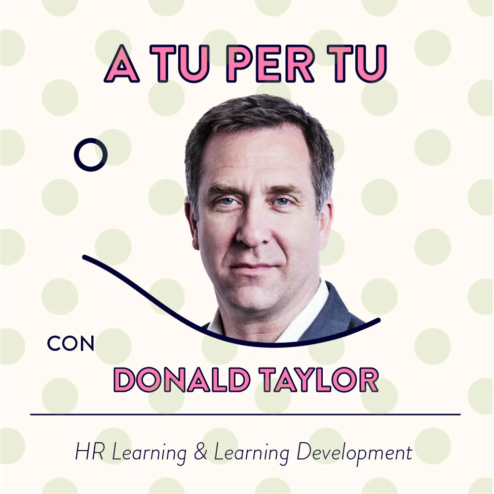 Ritratto di uomo in giacca con testo A tu per tu con Donald Taylor su sfondo a pois, tema HR Learning
