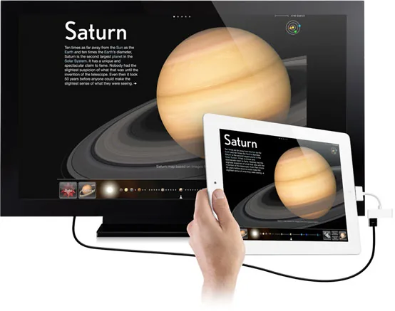 Un iPad collegato a un monitor esterno mostra la funzione di mirroring video con una lezione interattiva su Saturno