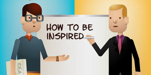 Due personaggi stilizzati davanti a una lavagna con la scritta how to be inspired, tema dell’ispirazione nei corsi eLearning