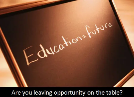 Lavagna con la scritta Education uguale future e domanda sulle opportunità nella formazione