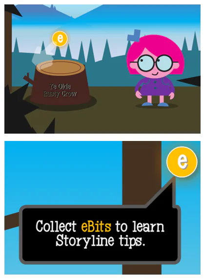 Personaggio cartoon in ambiente di gioco con istruzioni su come raccogliere eBits per apprendere suggerimenti su Storyline