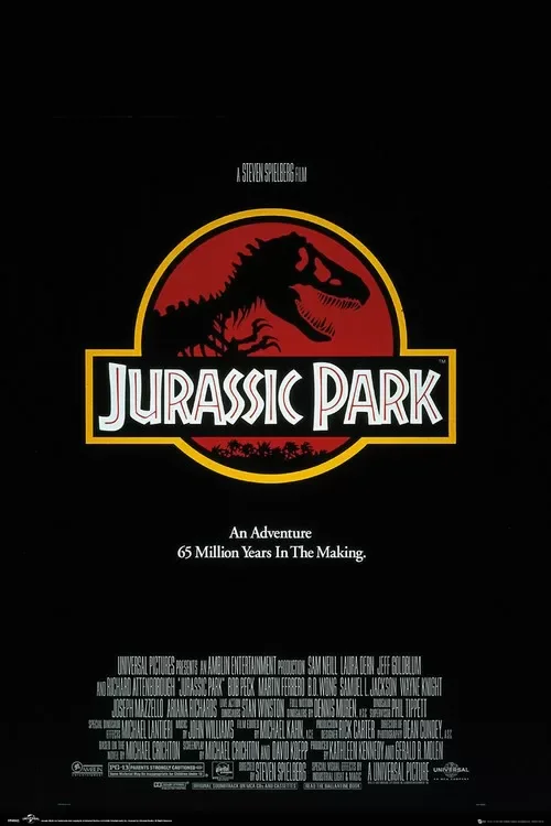 Logo di Jurassic Park con silhouette di T-Rex su sfondo nero, simbolo di ricerca e innovazione nell’articolo sull’e-learning