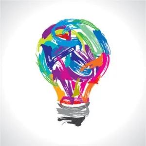Lampadina stilizzata composta da pennellate colorate che simboleggia creatività e uso dei colori nei corsi e-learning