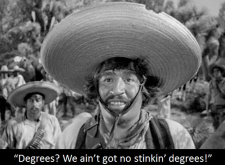 Uomo con sombrero in bianco e nero che ironizza sulla necessità della laurea nell'instructional design