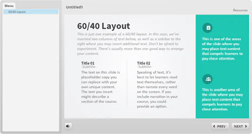 Esempio di layout 16:9 per corso e-learning con menu laterale e suddivisione dei contenuti in colonne