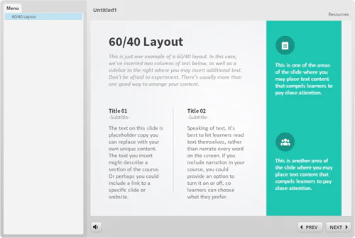 Esempio di layout e-learning con proporzioni 4:3 e menu laterale visibile a sinistra per la navigazione