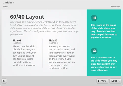 Esempio di layout 60/40 in un corso e-learning con rapporto 16:9 e menu superiore a scomparsa