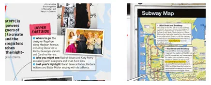 Due esempi di layout di rivista con call out colorati e forme organiche per evidenziare informazioni