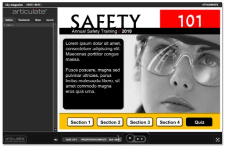 Interfaccia di un modulo e-learning sulla sicurezza con layout ispirato a una rivista, call out e sezioni evidenziate